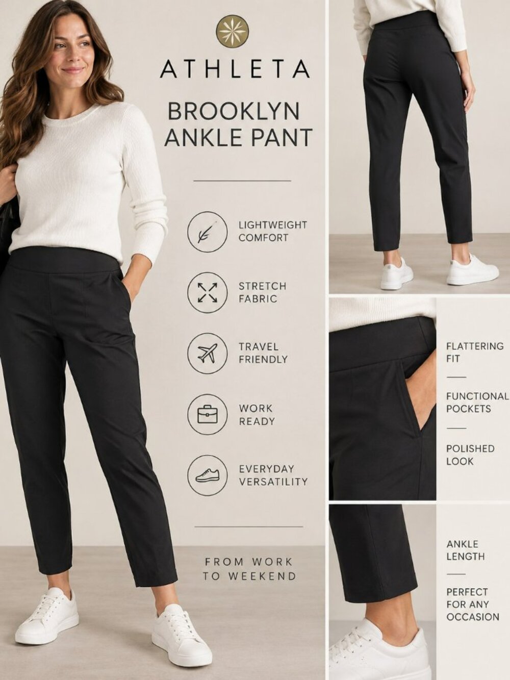 Athleta Brooklyn Ankle Pants Size 4 Black Stretch Travel Work Casual
